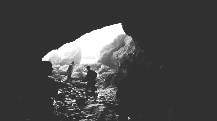 cave, people, monochrome