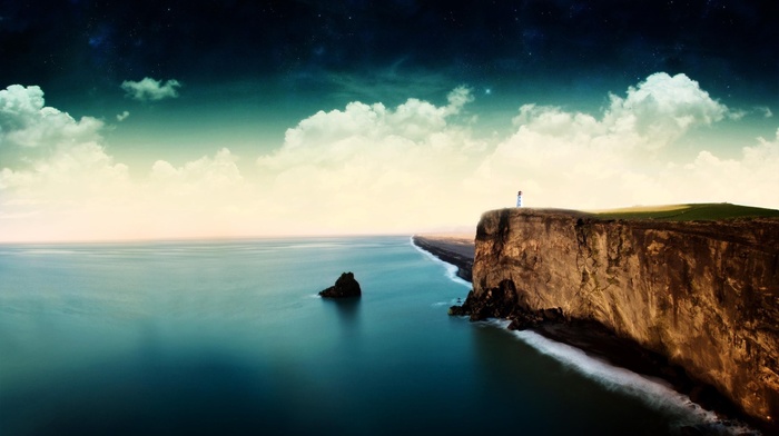 cliff, sea, clouds, stars, lighthouse