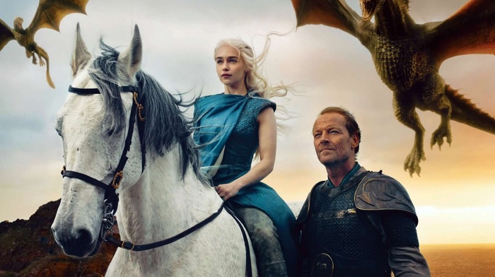 Daenerys Targaryen, Jorah Mormont, Emilia Clarke, dragon, Game of Thrones, horse