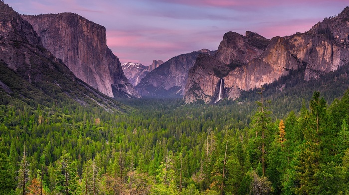 waterfall, USA, sunset, trees, Yosemite National Park, landscape, nature, clouds, forest, water, mountain, california, rock
