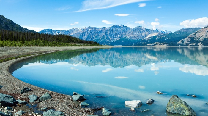 lake, Canada, reflection, water, snow, mountain, rock, trees, clouds, landscape, hill, stones, forest, nature