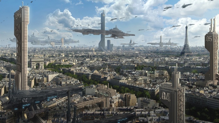 clouds, skyscraper, fantasy art, Paris, futuristic, digital art, cityscape, France, Eiffel Tower, street, spaceship, Arc de Triomphe, building