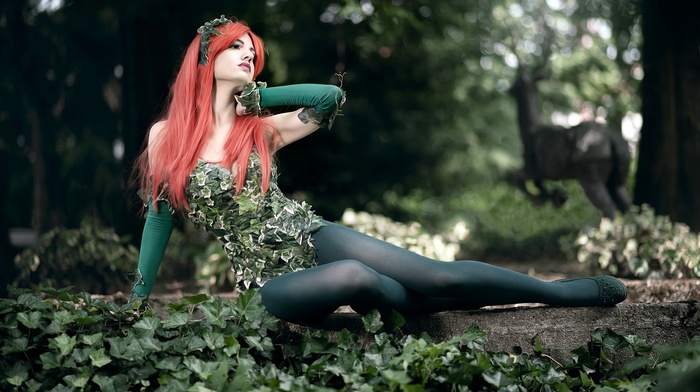 stockings, cosplay, Poison Ivy, girl outdoors, nature, trees, leaves, girl, sitting, redhead, long hair, model