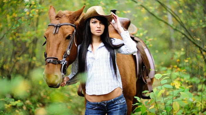 animals, brunette, shirt, girl, horse, nature, girl outdoors, long hair, jeans