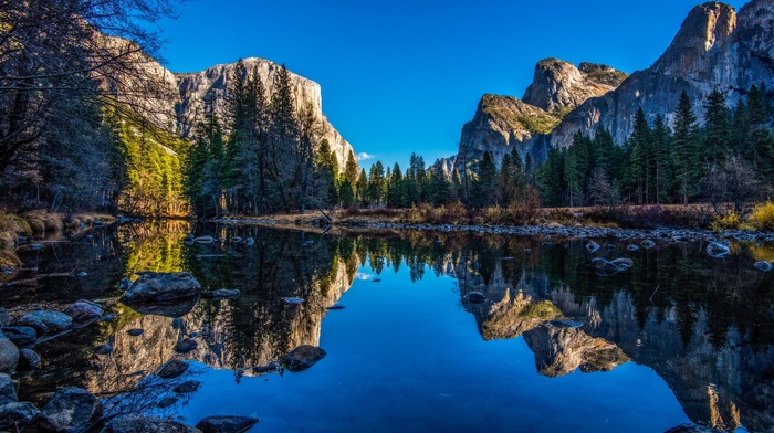 cliff, mountain, water, landscape, nature, river, blue, Yosemite National Park, forest, reflection