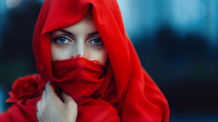 face, girl, scarf, blue eyes, eyes, red, model, veils