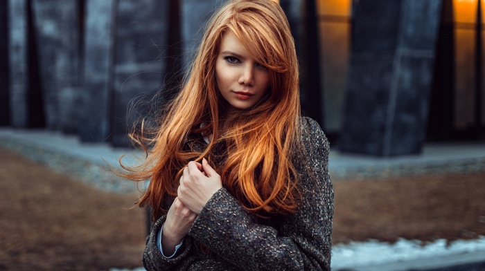 coats, girl, long hair, Georgiy Chernyadyev, depth of field, looking at viewer, redhead, girl outdoors, kohl eyes, Antonina Bragina