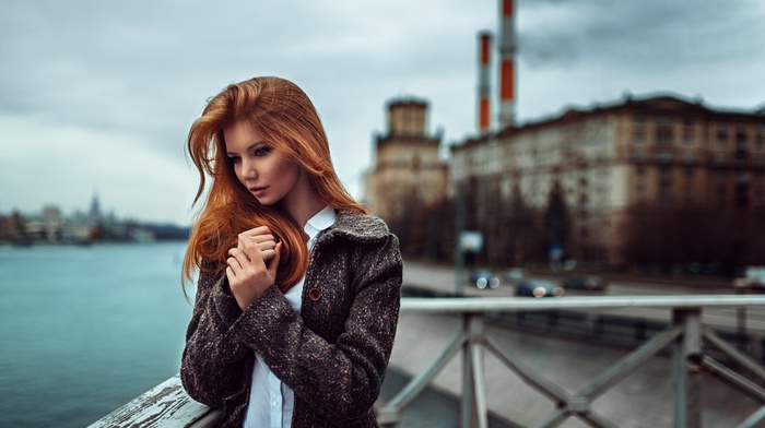 shirt, blurred, long hair, girl outdoors, girl, Antonina Bragina, Georgiy Chernyadyev, looking away, redhead, coats