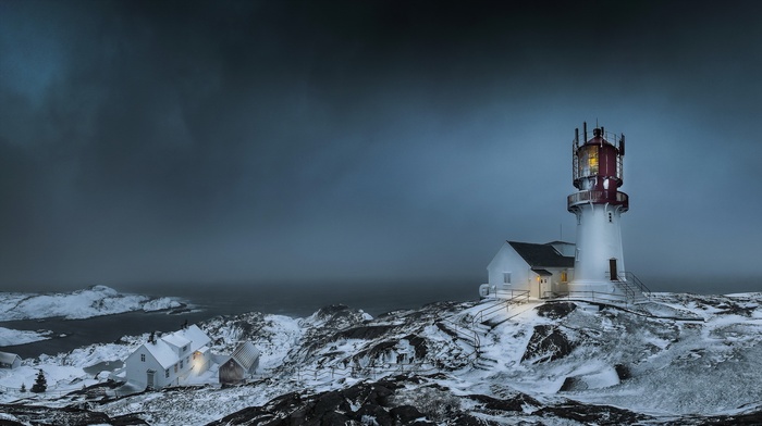 sea, Norway, house, storm, winter, lights, rock, lighthouse, trees, landscape, snow, fence, nature, clouds