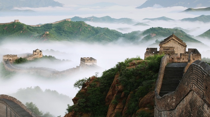 nature, mist, China, bricks, Great Wall of China, trees, hill, stairs, tower, rock, architecture, forest, landscape