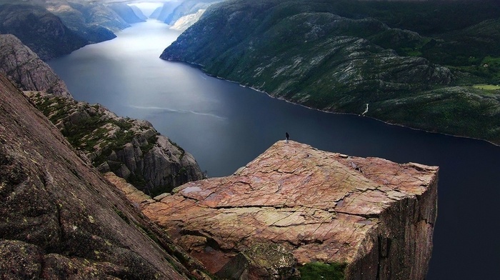 Preikestolen, nature, blue, landscape, mountain, fjord, green, sea, clouds, Norway, cliff