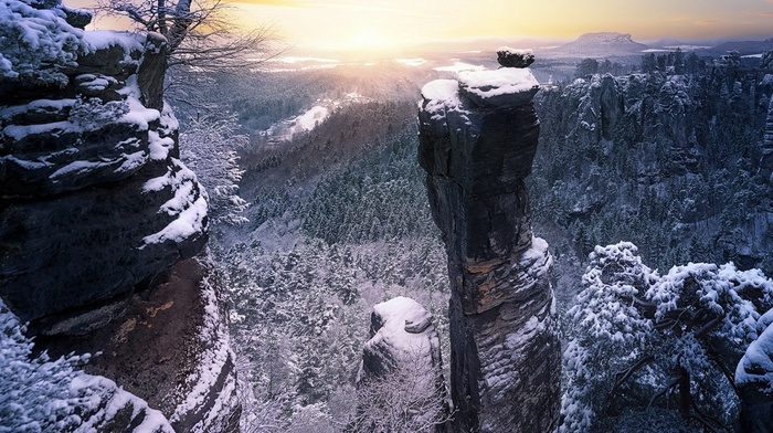trees, clouds, mountain, forest, landscape, winter, nature, Germany, cliff, snow, sunset