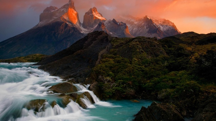 mountain, river, nature, hill, waterfall