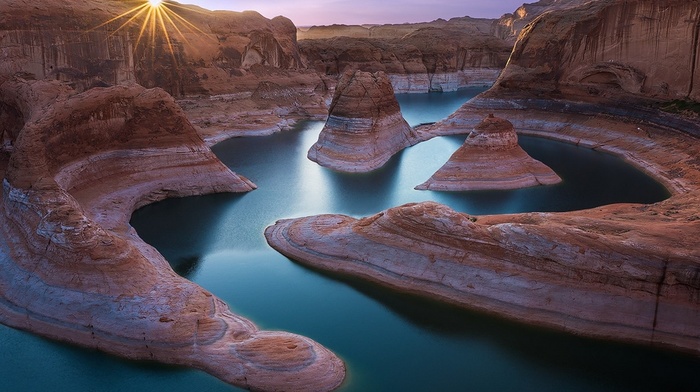 water, sun rays, Utah, sunrise, rock formation, river, desert, landscape, nature, canyon
