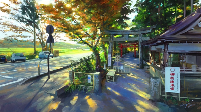 painting, car, trees