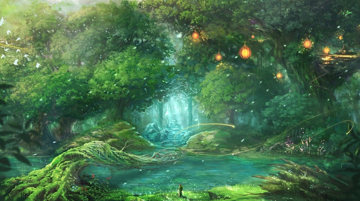 fantasy art, birds, forest, trees