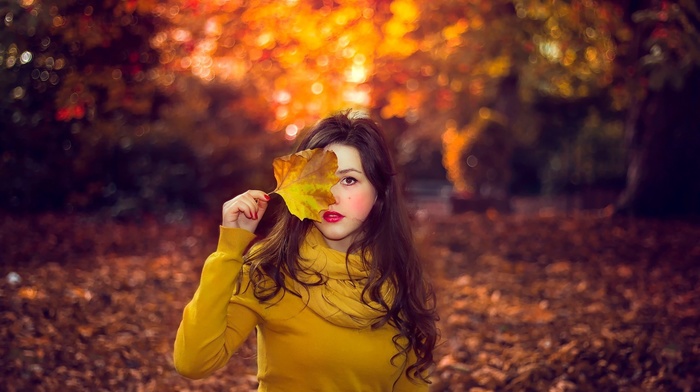 leaves, girl outdoors, brunette, fall, girl, seasons