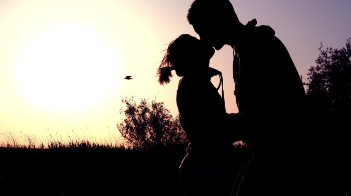 silhouette, couple, kissing