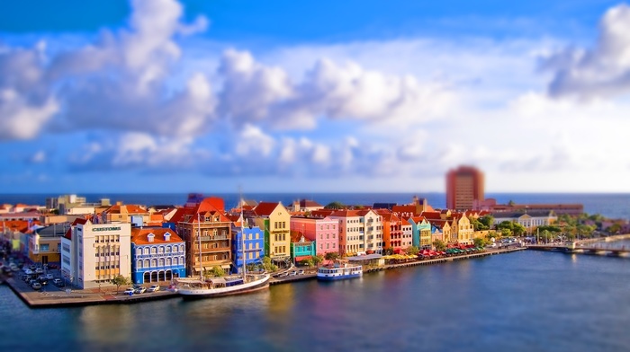 island, building, city, Curacao Island, cityscape, tilt shift
