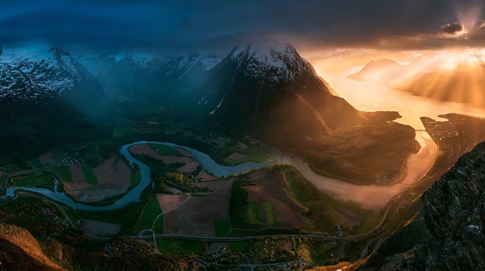 bay, road, snowy peak, clouds, mountain, sunset, river, Norway, sun rays, landscape, field, nature, town, valley