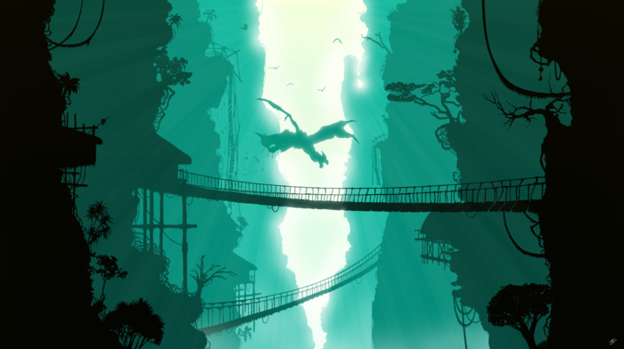 bridge, digital art, nature, trees, dragon, birds