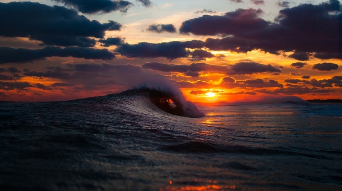 waves, sky, nature, sunset, water, sea, Sun