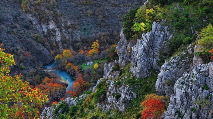 mountain, gorge, river, fall, landscape, nature, trees, canyon, cliff