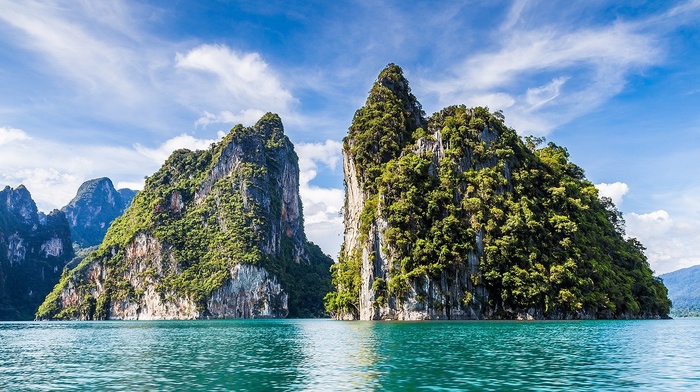 tropical, nature, island, limestone, cliff, landscape, water, Thailand, turquoise, sea, clouds, mountain