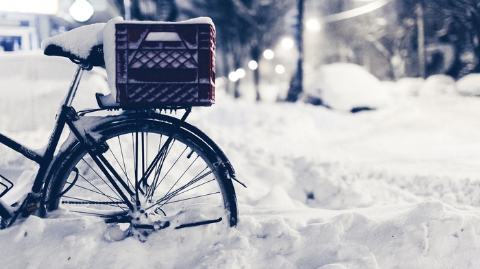 closeup, bicycle, winter, snow