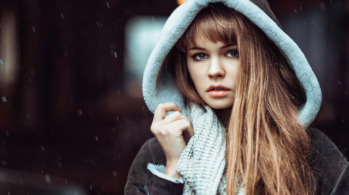 Georgiy Chernyadyev, long hair, girl, face, rain, Anastasia Scheglova, scarf, looking at viewer, auburn hair