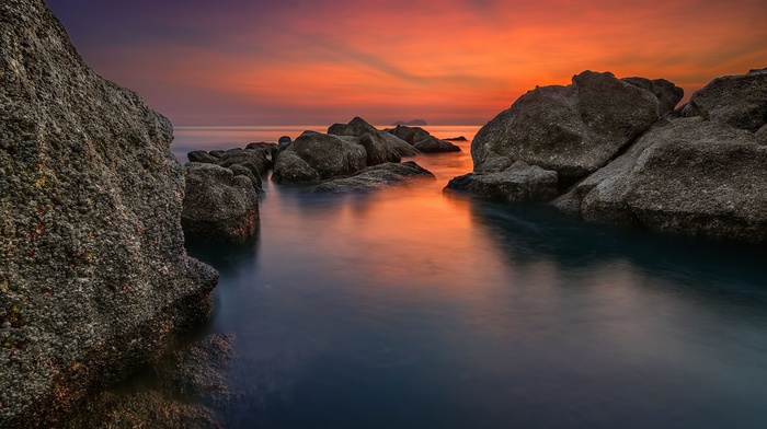 rock, water, clouds, sea, sunset, nature, coast, blue, landscape, orange
