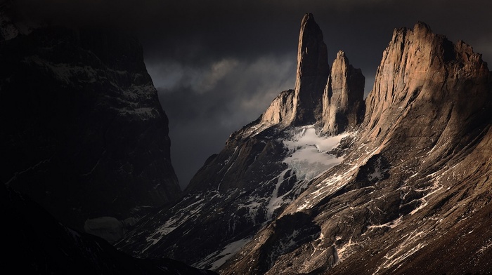 dark, snowy peak, nature, cliff, Torres del Paine, landscape, Chile, mountain, clouds