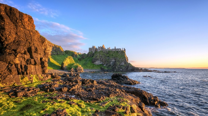 ruin, coast, castle, sea, cliff, architecture, shadow, landscape, sunlight, clouds, nature, grass, rock, Ireland
