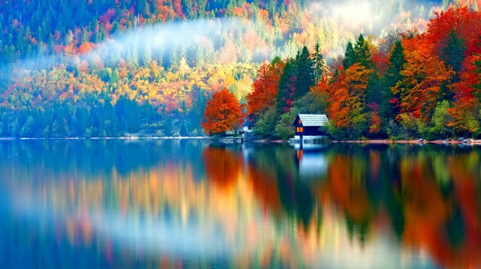 reflection, colorful, mist, landscape, nature, water, trees, house, fall, lake, forest, Slovenia