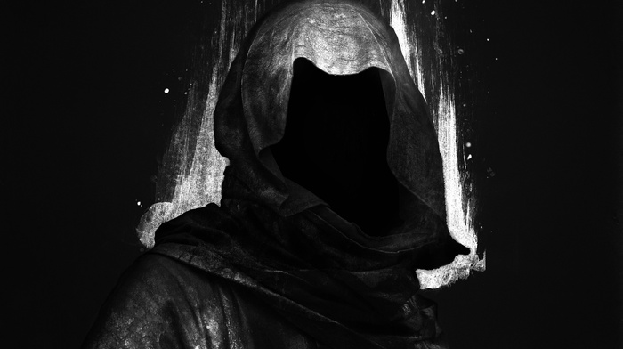 hoods, faceless, grim reaper, digital art, black background, dark