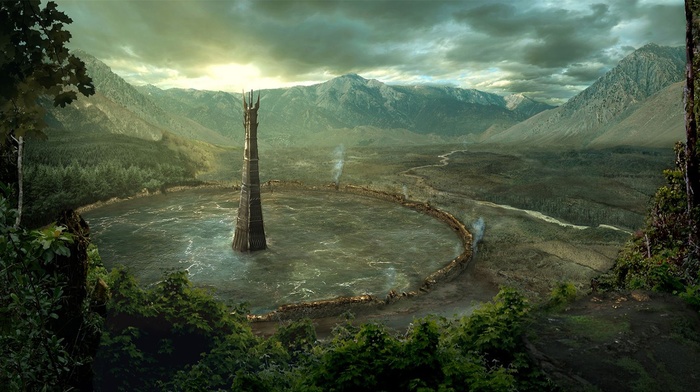 Orthanc, fantasy art, mountain, landscape, Isengard, water, forest, tower