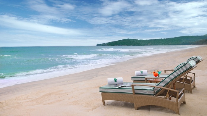 hill, drink, clouds, chair, sand, tropical, nature, summer, landscape, beach, sea