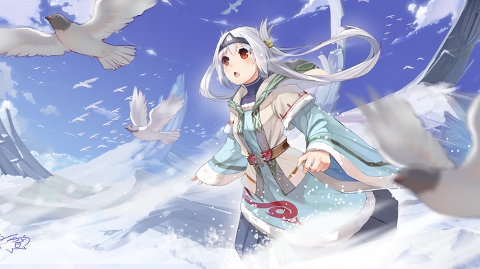 birds, original characters, snow, mountain