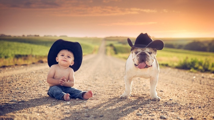 cowboy hats, Jake Olson, dog, Nebraska, road, children, animals