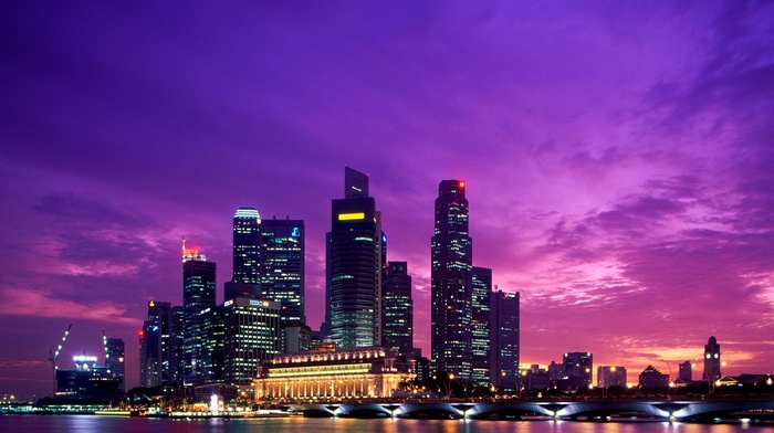 city, river, skyscraper, Asian architecture, Singapore, bridge, dusk