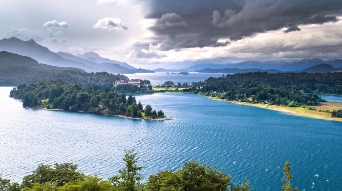 trees, landscape, nature, island, water, lake, mountain, bariloche, hill, clouds, forest, house, Argentina