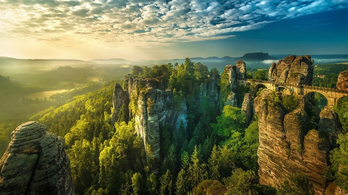 Saxon Switzerland, valley, mist, bridge, landscape, climbing, cliff, hill, nature, forest, Bastei, sunset, Germany, clouds