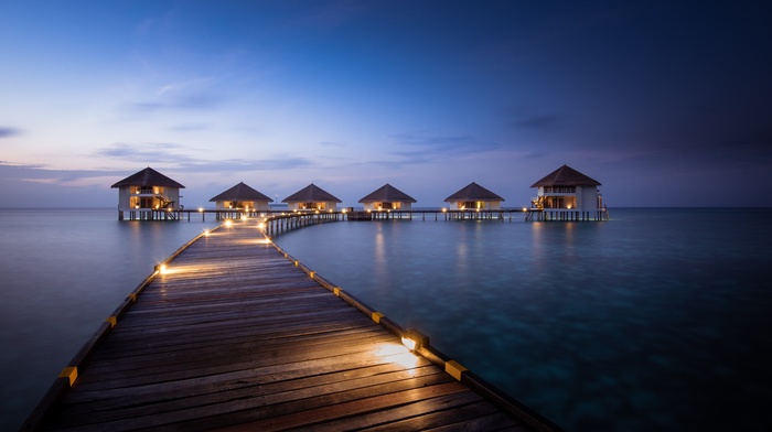 nature, sunrise, summer, resort, beach, blue, bungalow, sea, artificial lights, walkway, Maldives, tropical, landscape
