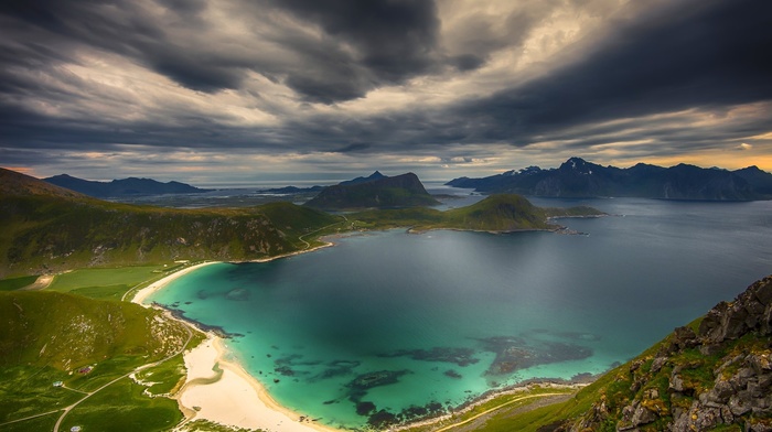Norway, grass, clouds, bay, green, mountain, Utsikt, landscape, island, nature, road, beach, sea