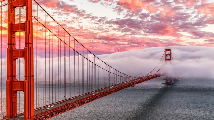 clouds, bridge, water