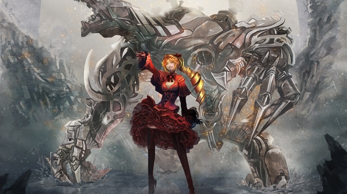 skirt, corsets, anime girls, mech, red dress, red heels, blonde, long hair