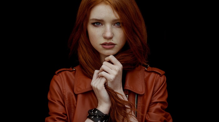 girl, jacket, leather jackets, face, redhead, blue eyes