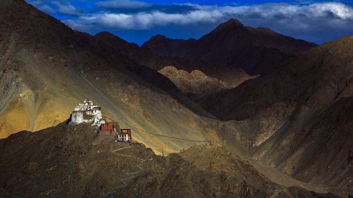 monastery, mountain, clouds, Tibet, rock, Himalayas, buddhism, China, nature, path, flag, hill, landscape, house
