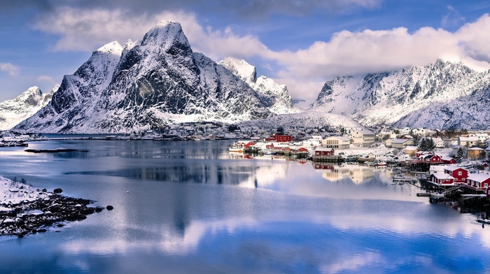 water, winter, nature, mountain, Norway, clouds, snow, landscape, house, rock, villages, reflection, hill