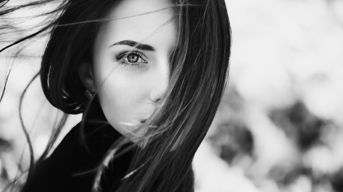 monochrome, eyes, brunette